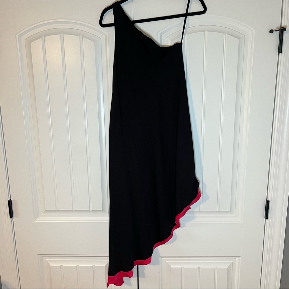 Milly Silk Asymmetrical One Shoulder Dress Black Pink Cascade Sz Small Cocktail